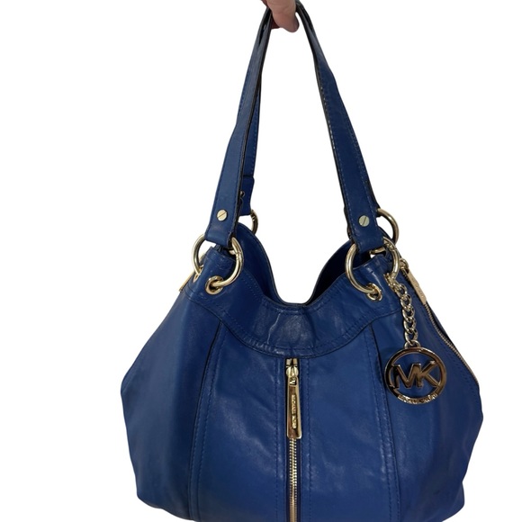 Michael Kors Electric Blue Hobo Shoulder Bag Gold Hardware Zipper Accents - Picture 13 of 13
